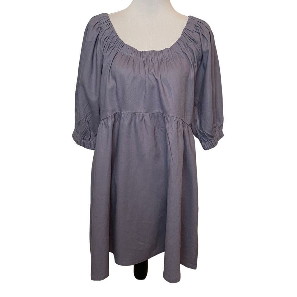 Linen Blend Woven Knee Length Cottagecore Babydoll Dress Blue Size Medium